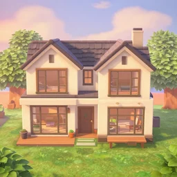 A modern country house with glass windows in animal crossing, with sunset