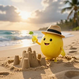 a 5 0 mm photograph, of a real anthropomorphic lemon character, smiling, it has lemon skin texture, it's wearing fedora and holding a glass of lemon, building a sandcastle on the beach, at sunset, beach, huge waves, bright sun, turbid clouds, tropical trees, rim light, sand, sandcastle, volumetric lightening, pentax k