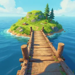 island in sea with logan wooden bridge, unreal engine, digital, acrilic paint