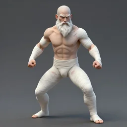 Full body Picture of a male monk, fighter, exposed torso, bandage on arms, visible muscles, buff, symmetry, white skin, bald, white long beard, brown eyes, detailed face, combat stance, handsome, D&D, by artgerm and Craig Mullins, James Jean, Andrey Ryabovichev, Mark Simonetti and Peter Morbacher, matte painting, trending on artstation, artstationHD, artstationHQ, octane, full HD, 16K
