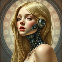 a blonde artist girl with robotic interior, by clyde caldwell, james c. christensen, h. r. giger, george tooker, alphonse mucha