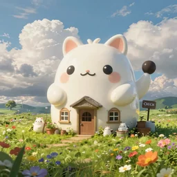 ghibli and style of a big cute milk inn middle of grass ， colorful flowers ， sky and clouds ， unreal engine, hyper realism, realistic shading, cinematic composition, realistic render, octane render, detailed textures, photorealistic, wide shot