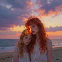 a photograph on the beach with red hair and a younger sister surreal, sunset, dramatic light, impressionist, colorful clouds, imax camera photography, simon stalenhag, rembrandt