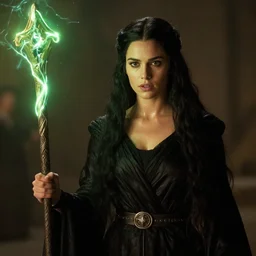 epic photo of young jessica biel as beautiful medieval sorceress with very long black hair wearing a black satin robe and metal belt, battle scene, holding her wizard staff electricity emanating from it, sweaty, neutral expression, perfect likeness, rim light glow, low contrast, soft light, low light, green hue, shallow depth of field, photorealistic, cinematic lighting, lovely bokeh, warm colours, night time, movie quality, green glow from the left, excalibur 1 9 8 5, movie still, cinemascope
