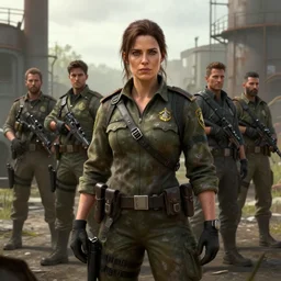 fallout 5, charismatic, battle worn, rugged brunette female enclave officer portrait, concept art, outdoors industrial setting, spring time, slight overcast, atmospheric lighting, painted, intricate, volumetric lighting, beautiful, sharp focus, ultra detailed by leesha hannigan, ross tran, thierry doizon, kai carpenter, ignacio fernandez rios