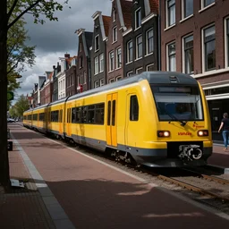 a brightline train running through the streets of amsterdam