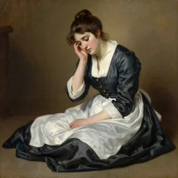 painting by Edmund Blair Leighton of a beautiful barmaid in old silky clothes sitting on the floor, looking sad, detailed face, touching her face