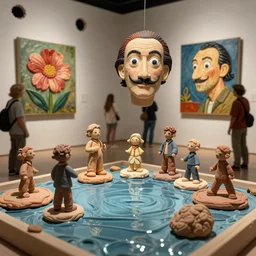 plasticine sculpture stop motion. salvador dali clay models. john craxton. visitors. gallery painting of flower. water floor. room with a hole in wall. high detail. photorealistic