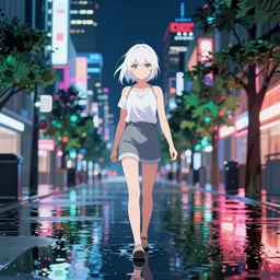 white haired girl walking in flooded tokyo at night, neon lights lots of trees, cinematic, vibrant colors anime illustration by studio ghibli ( digital watercolor ), sai paint