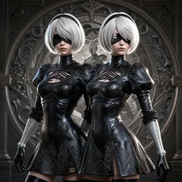 2 b from nier automata wearing a latex suit 3 d render, insanely super detailed, realistic octane render, 1 6 k, detailed in front of an intricate background. art by james merry, micro detail, backlit lighting, subsurface scattering, physically based rendering, trending on cgsociety