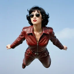 ektachrome, telephoto, highly detailed : incredibly realistic, youthful asian demure floating in the sky, ray - bans, exquisite features, feminine cut, photo 1 9 6 0 s frontiers in flight leather suit cosplay fashion, wayne barlowe, boris vallejo, aaron horkey, gaston bussiere, craig mullins