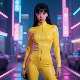 synthwave biker girl wearing yellow bodysuit like kill bill in neon city fog high def neon pink and blue