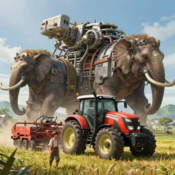 an intricate concept art, illustration, fantasy, asian farmer on the field, large mechanical farm tractor biomes, megafauna, ultra photorealistic, ultra sharp, artstation, cgsociety, masterpiece, digital art, anime colors, style by ivan talavera and wlop, hyperrealistic, octane render, 4 k