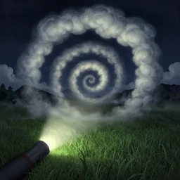nightly, spiral, naive nerikomi, weird perspective, extra narrow, detailed illustration, lit by flashlight, fisheye, grass field night mountainous terrain, chubby curled clouds, volumetric lighting and mist