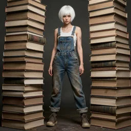 full body pose, beautiful adult library fairy, dirty, grungy, grunge, white hair pixie cut, overalls, stacks of giant books, highly detailed, 4 k, hdr, smooth, sharp focus, high resolution, award - winning photo, artgerm, photorealistic