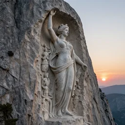 an ultradetailed colossal magnificent sculpture of an elegant woman carved into the side of a massive mountain, fine detail, sunrise on the horizon in the background, stone hand raised up, 8 k, art by greg rutkowski and alphonse mucha and andreas rocha and albert bierstadt