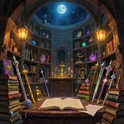 a magicians chamber, filled with books, magic artifacs and magic weapons, lanterns, night sky on the vault, light from above, glowing lights, epic fantasy, colorfully, detailed illustration, digital art, highly saturated colors, overdetailed art, concept art, detailed illustration, hd, 4 k, digital art, greg rutkowski, dan mumford, studio ghibli trending on artstation