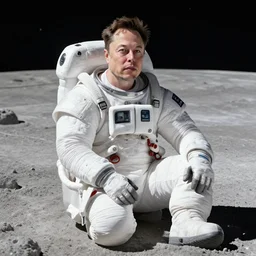 elon musk in a suite sitting on the moon