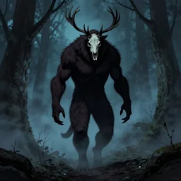 rafeal albuquerque comic art : : wendigo monster with deer skull face, antlers, furry body, tall and lanky : : walking through the forest : : night time : : spooky, scary, fog