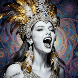 absurdly beautiful, fashionable young woman with clear white skin screaming loudly, wearing an intricate headdress made from diamonds and gold and feathers, wearing large earrings made from feathers, a stripe painted on lips, background in the fourth dimension, psychedellic fractals, ayahausca, tryptamine, hyperdetailed illustration by irakli nadar and alexandre ferra, intricate linework, unreal engine 5 highly rendered, global illumination, radiant light, detailed and intricate environment