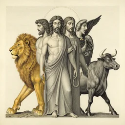 god with with four faces : man, lion, eagle, bull. drawn by zdzislaw beksinski