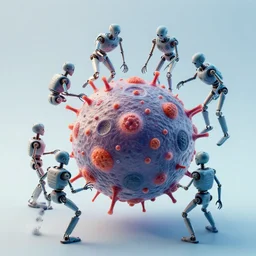 isometric scientifically accurate microscopic robotic virus attacking organic biological cell by tyler edlin and petros afshar and christopher balaskas and marius borgeaud and kilian eng, atomic age maximalist, art nouveau, global illumination, 3 d concept render, well proportioned, highly detailed