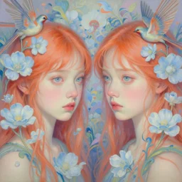 breathtaking detailed concept art painting portrait in pastel colors of girls looks each other with anxious piercing eyes by hsiao - ron cheng amalgamation light blue flowers and birds in carroty hair, weird background with bizarre compositions blend of flowers and birds, exquisite detail, 8 k