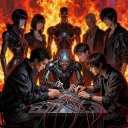 dark cyberpunk cyborg repair, a lot of cables around, by francis bacon, by ayami kojima, by amano, by karol bak, greg hildebrandt, by mark brooks, by alex grey, by zdzisław beksinski, by takato yamamoto, radiant colors, ultra detailed, high resolution, wrapped thermal background