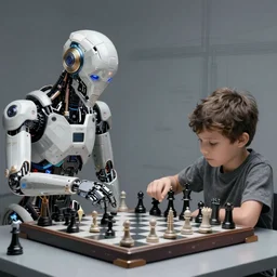 a cyborg and little kid playing chess, highly detailed, intricate, sharp, futuristic, rendering by wlop, beeple, greg rutkowski