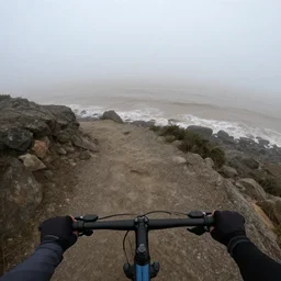 a scene from a fever dream, bicycling on a rocky path in first person view, go-pro camera view, entering the scary murky ocean!! Fog! Ultra realistic! 25mm f/1.7 ASPH Lens!
