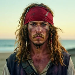 outdoors photo portrait of an rugged albino african pirate with a red headband, young adult, thin blonde mustache, afro blonde hair, stern face, rugged and dirty, cinematic lighting at sundawn in a shore, movie color grading