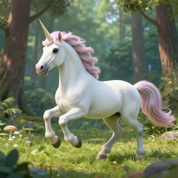 realistic octane render 8k of fantasy scene unicorn running in the forest