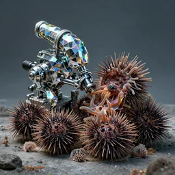 airbrushed chrome prismatic machine eating urchin cluster, sea anemone neon piping alex ross, simon bisley, kelly freas fine art masterpiece baked at 3 0 0 f, matte painting, cold lighting, aged with sunlight, award winning horror, photorealistic render, cinematic