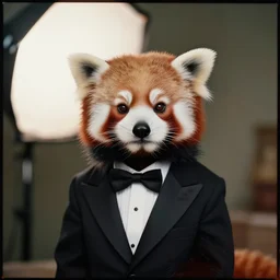 Portrait of a Red Panda Wearing a Fancy Business Tuxedo, Expired Burned Film from 1930s, Softbox Lighting, 85mm Lens F/1.8