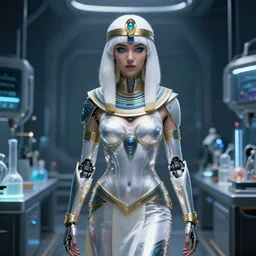 perfect white haired attractive egyptian goddess, warframe armor, beautiful, symmetric, dreamy, half asian, pretty face, blue eyes, detailed, scifi platform, laboratory, experiment, 4 k, ultra realistic, epic lighting, android body, illuminated, cinematic, masterpiece, art by akihito tsukushi, voidstar