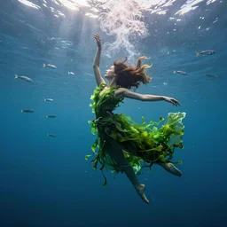 manshaped swirling smoke beside woman dancing underwater wearing a flowing green dress made of seaweed, fast - moving school of tiny silver fish in the distant background, octane render, caustics lighting from sunlight above, cinematic