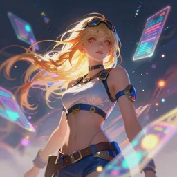 illustration of liliia sitailo, artist paint in air colorful elements of bright sci - fi hologram elements, dramatic, sharp focus, depth of field, highly detailed, artstation, digital art, volumetric light, dynamic, expression