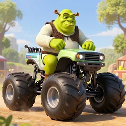 shrek has transformed into a monster truck, shrek monster truck, high resolution photo, the shrek monster truck derby