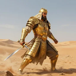 hyper realistic side view painting of the king of the desert, angry, wide angle, gold armour, sword, dramatic lighting, intricate, wild, highly detailed, digital painting, artstation, concept art, smooth, sharp focus, illustration