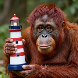 portrait of a red orangutan as doctor who shaking big lighthouse toy as cocktail's shaker, photo realistic, highly detailed, perfect face, fine details, by carl spitzweg, ismail inceoglu, vdragan bibin, hans thoma, greg rutkowski, alexandros pyromallis