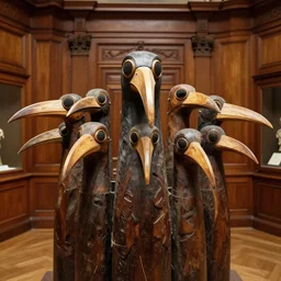realistic photo portrait of the a sculpture of a group portrait of bird mask with long beaks made of wood, eyes made of caviar poorly designed in style of arte povera, fluxus, dadaism, joseph beuys, ugly made, low quality, nonprofessional, trash standing in the wooden polished and fancy expensive wooden museum interior room 1 9 9 0, life magazine reportage photo