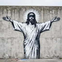 graffiti mural of Jesus wearing a blindfold, arms outstretched, painted on a concrete wall,