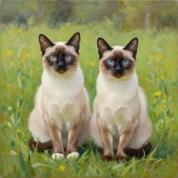 An oil painting of a two-headed Siamese cat sitting in the middle of a meadow.