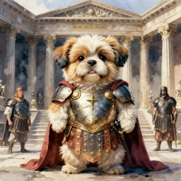 a realistic and atmospheric watercolour fantasy character concept art portrait of a fat adorable chibi shih tzu puppy roman centurion in a roman temple, by rebecca guay, michael kaluta, charles vess and jean moebius giraud