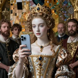 a masterpiece ultrarealistic ultradetailed portrait of a incredibly beautiful princess holding iphone 1 3 pro. baroque renaissance. medium shot, intricate, elegant, highly detailed. trending on artstation, digital art, by stanley artgerm lau, wlop, rossdraws, james jean, andrei riabovitchev, marc simonetti, yoshitaka amano. background by james jean and gustav klimt, light by julie bell, 4 k, porcelain skin.