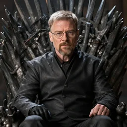 “Very crisp close-up photo of Walter White sitting on the Iron Throne from Game of Thrones, atmospheric lighting, award-winning details”
