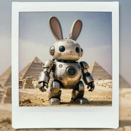 documentary !!! giant oversized battle rabbit robot chubby cute  bulky mech with big ears in giza , Cinematic focus, Polaroid photo, vintage, neutral colors, soft lights, foggy, by gregory crewdson