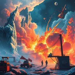 explosions of ice and fire, retrowave epic art, trending on art station