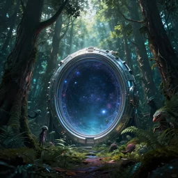 intergalactic stargate portal in the middle of a dense forest, with light shining through the trees and strange creatures lurking in the shadows by jeffrey catherine jones, style of chrome