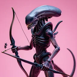 a xenomorph wearing a bow on a pink background